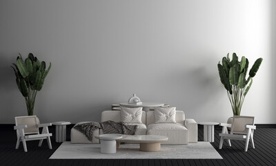 Home and decor and modern minimal living room interior design white sofa and dining table decoration and white pattern wall background. 3D rendering. 