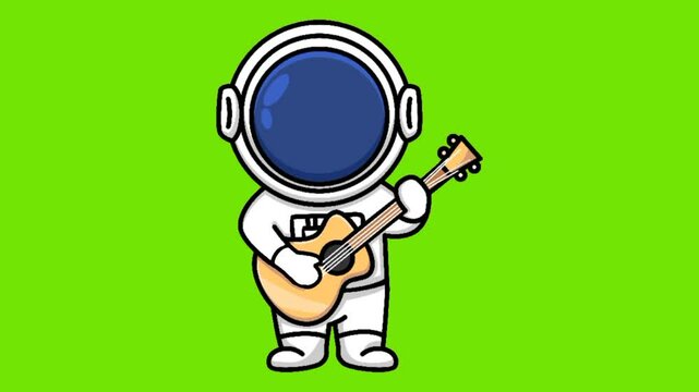 animation of cute astronaut playing guitar green background