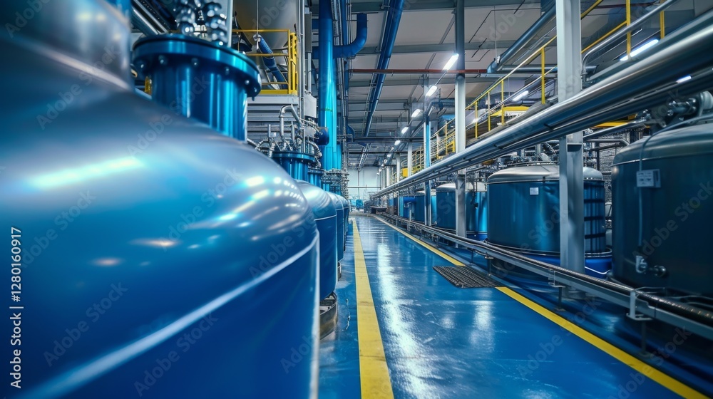 Aufkleber Blue storage tanks and extensive piping are prominently displayed in a well lit industrial facility, emphasizing precision and efficiency in manufacturing processes.