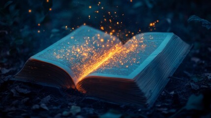 Open magical book with glowing sparks in enchanted forest at night