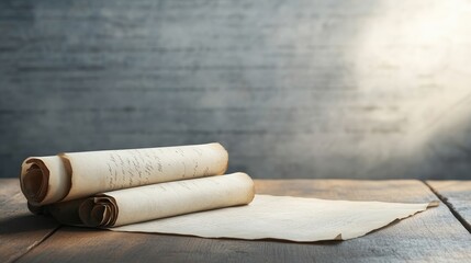 Vintage Scrolls on Wooden Table with Soft Light Background