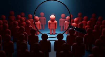 A magnifying glass is focused on a single red figure surrounded by other red figures.