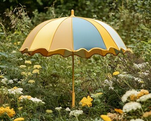 Colorful umbrella in garden, summer day