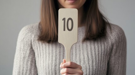 Young female holding rating paddle with number ten
