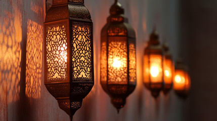 elegant moroccan lanterns: explore the intricate metalwork and ambient lighting of traditional wall-mounted islamic decorations, casting ornate shadow patterns and a warm glow at festivals