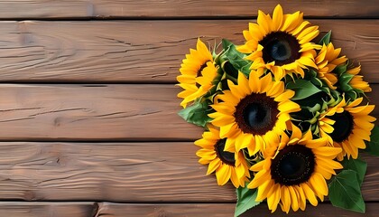 Sunflower bouquet arrangement rustic wooden table floral content natural environment top-down view vibrant colors for seo impact