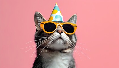 Festive cat wearing sunglasses indoor party animal portrait colorful background close-up celebration vibe