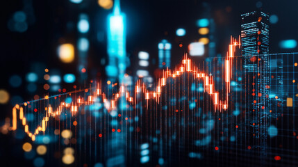 Navigating the Financial Landscape: A dynamic illustration visualizes market fluctuations against a backdrop of urban lights, showcasing the volatility and potential of the financial world. 