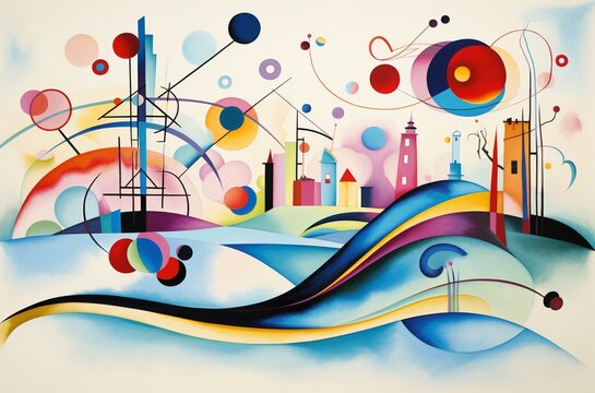 Abstract illustrations in Wassily Kandinsky style. Abstract painting with geometric shapes. AI generated.