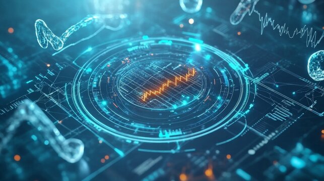 Futuristic healthcare and medical innovation background with science icons, digital technology concept, abstract blue scientific design with hexagonal molecular structures and glowing particles


