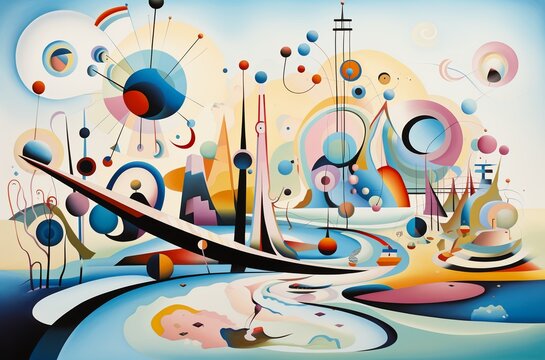 Abstract illustrations in Wassily Kandinsky style. Abstract painting with geometric shapes. AI generated.