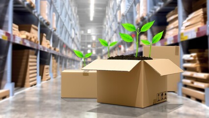Sustainable growth action eco-friendly packaging plants warehouse product photography modern environment close-up perspective