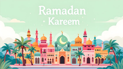 Naklejka premium Ramadan Kareem banner, poster, card, holiday cover. Modern art design in pastel colors with pattern of beautiful arabian old ancient city.