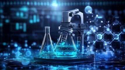 Futuristic healthcare and medical innovation background with science icons, digital technology concept, abstract blue scientific design with hexagonal molecular structures and glowing particles


