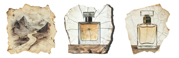 Naklejka premium Vintage Nature Landscape and Perfume Bottle Art Isolated on transparent background
