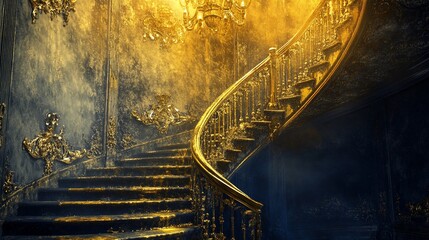 Golden spiral staircase in opulent mansion, dramatic lighting, fantasy background, interior design