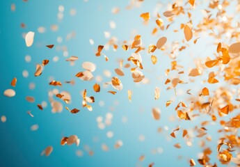 Golden Confetti Falling Against Soft Blue Background, Celebratory Decoration for Events, Parties, or Special Occasions, Bright and Cheerful Atmosphere