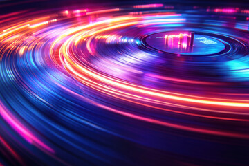 Colorful spinning light in the dark, vibrant streaks spreading from the center creating a mesmerizing visual display.