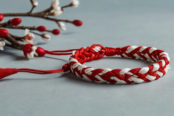 Martenitsa. Red and white bracelet specific to Balkan and Bulgarian culture. Balkan tradition Martenitsa. Bracelet symbolizing the arrival of spring.