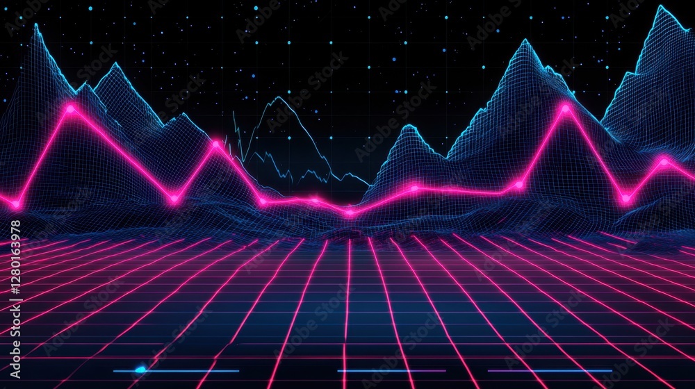 Leinwandbilder A neon-lit cyber background featuring a sharp, declining graph with digital distortion and space for professional content.