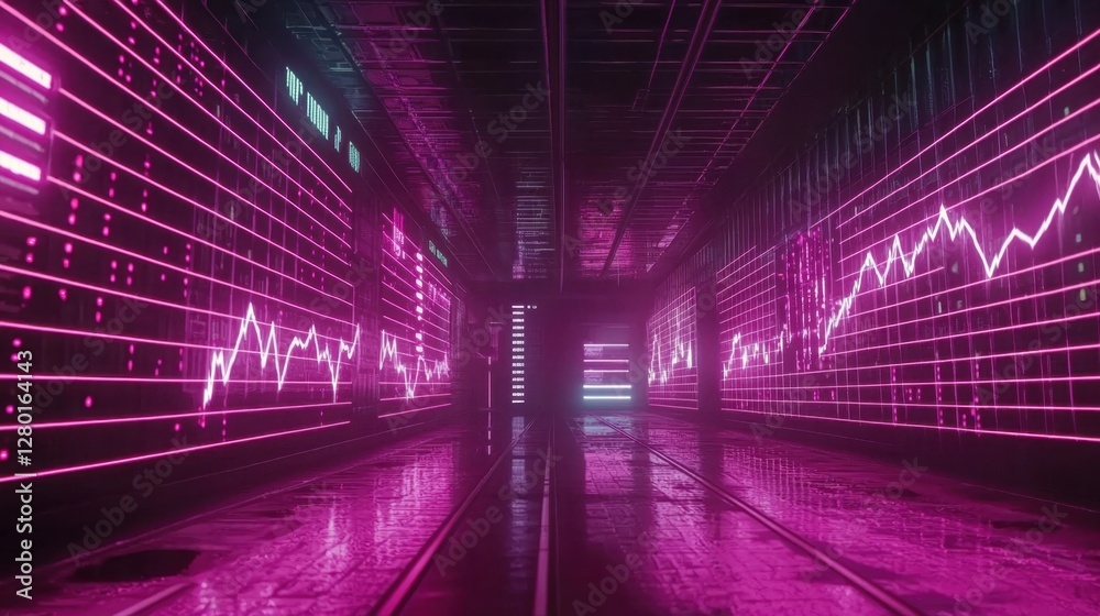 Fototapete A neon-lit cyber background featuring a sharp, declining graph with digital distortion and space for professional content.