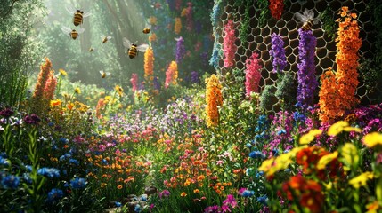 Vibrant Meadow with Bees and Colorful Flowers Under Soft Sunlight in a Dreamy Forest Setting