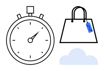 Timer signaling speed, shopping bag with discount tag, and cloud highlighting online aspect. Ideal for e-commerce, online shopping, discounts, speed, cloud services, digital marketing efficiency