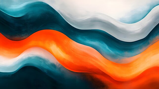 A visually striking abstract background featuring flowing waves in deep teal, warm orange, and soft white hues with a textured effect.