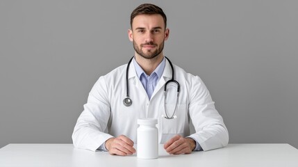 Doctor holding medicine bottle, professional portrait, neutral background