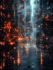 Fototapeta premium A digital cityscape of glowing cubes in a cyberpunk style with cinematic lighting