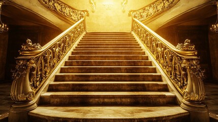 Grandiose mansion staircase, opulent gold interior, sunlit, success concept