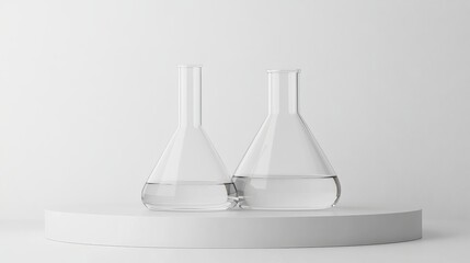 Science and medical background with transparent round podium, lab glassware filled colorless liquid and ribbed acrylic sheets decorated on white background. Space for products presentation