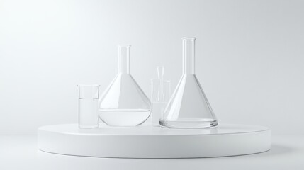 Science and medical background with transparent round podium, lab glassware filled colorless liquid and ribbed acrylic sheets decorated on white background. Space for products presentation