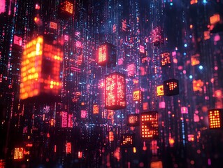A digital cityscape of glowing cubes in a cyberpunk style with cinematic lighting