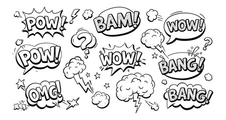 Comic Book Speech Bubbles   Pop Art Sound Effects   Cartoon Words  black and white  Graphics