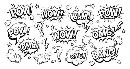 Comic Book Speech Bubbles   Pop Art Sound Effects   Cartoon Words  black and white  Graphics