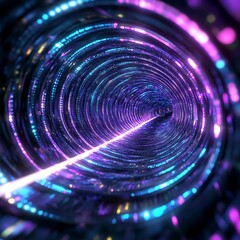 Abstract digital art depicting a swirling tunnel of vibrant purple, blue, and teal lights. A bright white line extends down the center of the tunnel, creating a sense of depth and movement. The