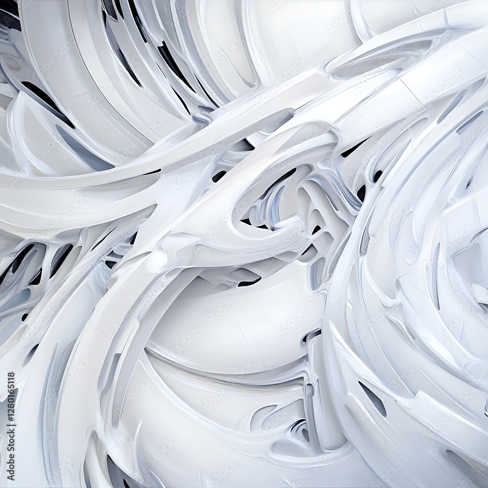 Poster abstract image featuring swirling, white, three dimensional shapes creating a dynamic, textured comp