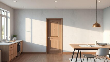 Fototapeta premium Modern architect's desk with kitchen design mockup and selection of door materials, interior design, material selection