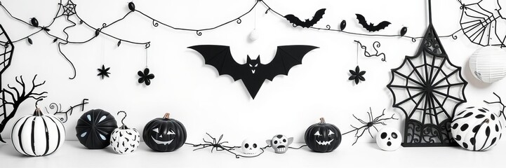 Modern halloween decorations featuring sleek black and white color scheme, geometric patterns, and minimalist design elements, spooky, creative