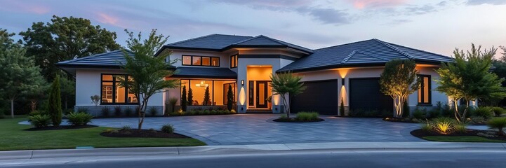 Modern home with sleek design, surrounded by well-manicured lawn and driveway, home, living space