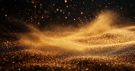 Golden particles dance in the air, creating a magical and mesmerizing scene of shimmering dust against a dark background with soft light effects