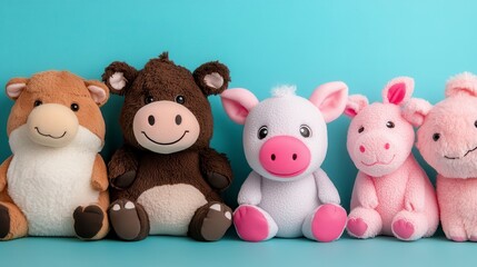 Four Plush Farm Animal Toys In A Row On Light Blue Background