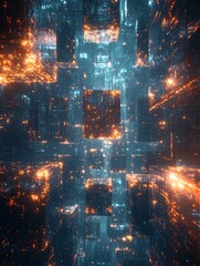 Fototapeta premium A digital cityscape of glowing cubes in a cyberpunk style with cinematic lighting