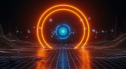 A vibrant glowing portal or platform with blue and orange lights. Dynamic energy streams and particle effects create a technological and abstract scene.