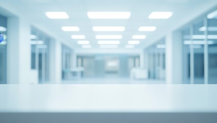 Obraz premium Blurred office hallway with empty table, use for presentation