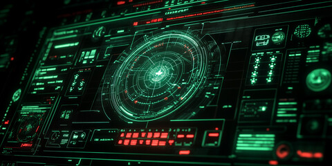 Futuristic control panel with glowing green and red displays, featuring a central circular radar-like interface.