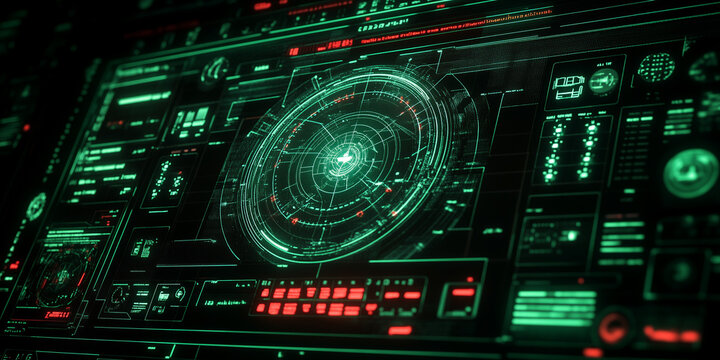 Futuristic control panel with glowing green and red displays, featuring a central circular radar-like interface.