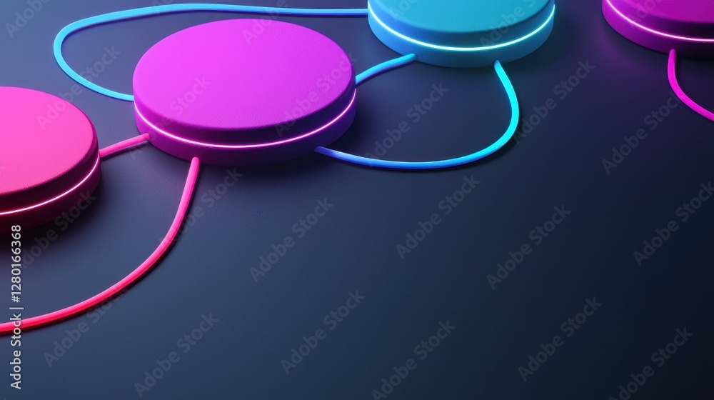 Poster a vibrant, abstract design featuring glowing circles connected by neon lines on a dark surface, evok