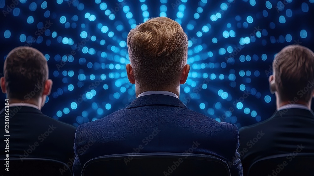Poster A group of individuals sits with their backs to the viewer, focusing on a vibrant, luminous display of blue lights and patterns.